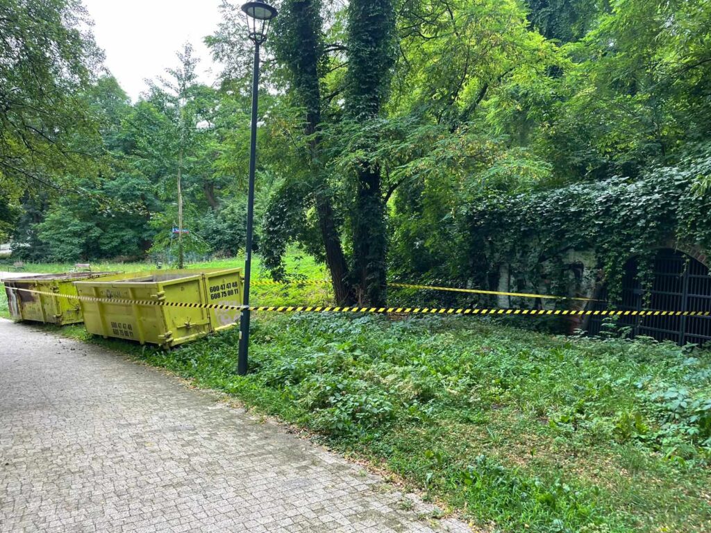 Oczyszczanie terenu zielonego, grota wśród zarośli